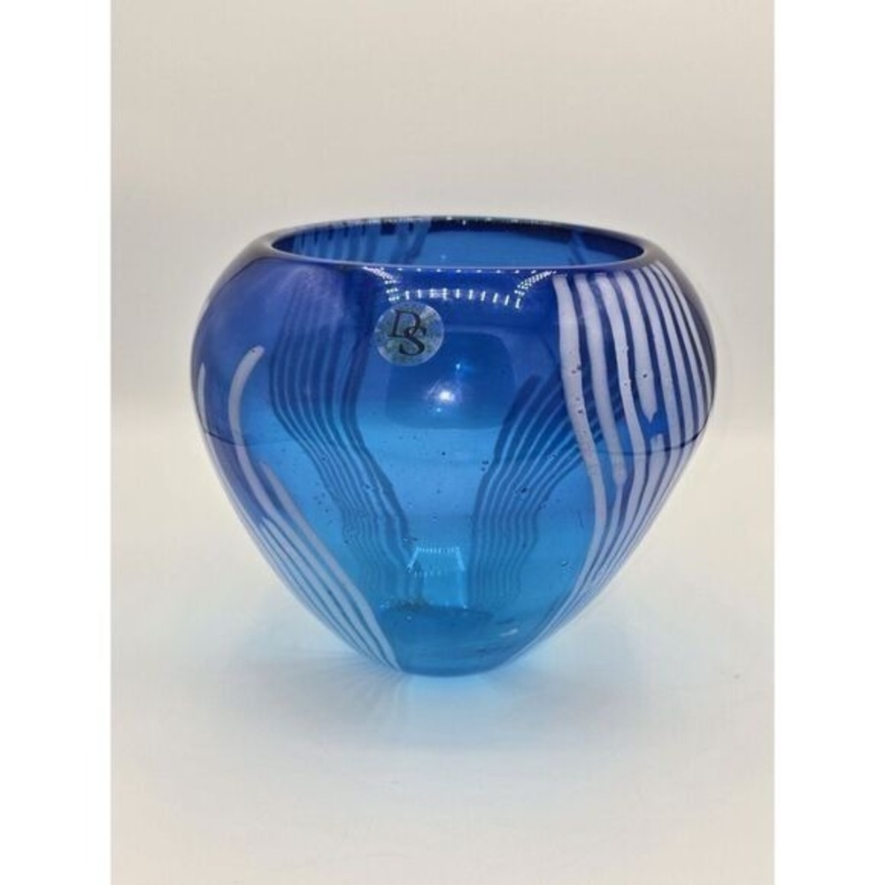 DS Studio Blue Art Glass Vase with White Stripe Pattern